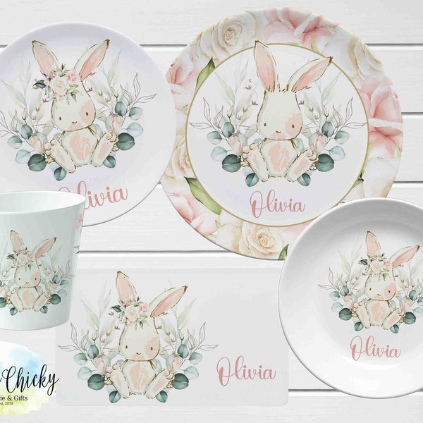 Bunny Children's Plate set, Floral Bunny Personalized Plate, Cup, Easter Bunny, Melamine Plate, Birthday Gift, First Birthday, Easter Gift