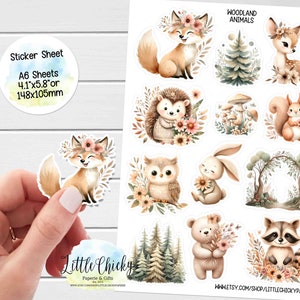 Sticker Sheet - Woodland Animals Stickers, Floral Woodland, Planner Stickers, Scrapbook Stickers, Journal Stickers, Baby Stickers