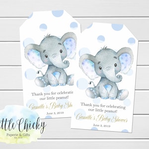 Elefante Favor Etiquetas, Elefante Gracias Etiquetas, Elefante Azul Bebé Ducha Favor Etiquetas, Baby Shower Gracias Etiquetas