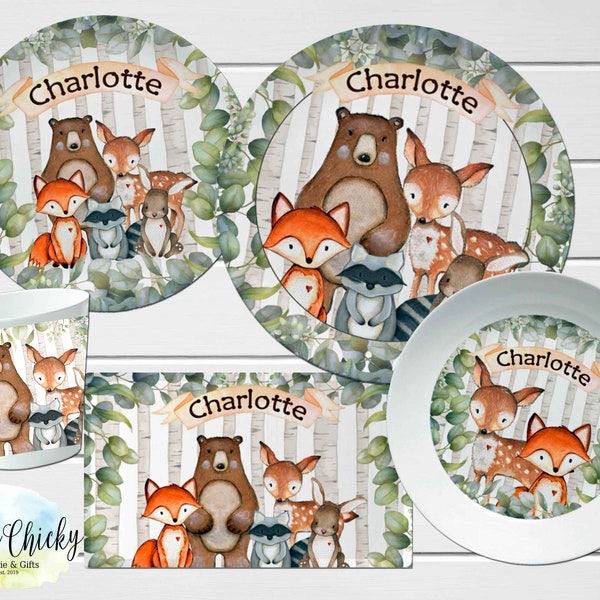 Woodland Animals Children's Plate set, Children's Personalized Plate, Cup, Melamine Plate, Birthday Gift, First Birthday, Baby Shower Gift