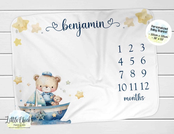 Nautical Teddy Bear Milestone Blanket Monthly Photo Blanket Personalized Blanket Sailor Teddy Bear Keepsake Blanket Baby Shower Gift