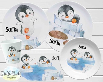 Personalized Children's Plate set,  Cute Penguin Plate Set, Winter, Melamine Plate, Birthday Gift, First Birthday, Baby Gift, Baptism Gift