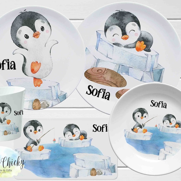 Personalized Children's Plate set,  Cute Penguin Plate Set, Winter, Melamine Plate, Birthday Gift, First Birthday, Baby Gift, Baptism Gift