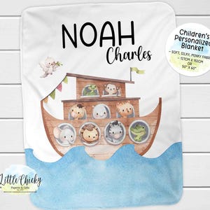 Personalized Noah&#39;s Ark, Soft Minky Baby Blanket, Baby Shower Gift, New Baby Gift, 50&quot;x60&quot; Baby Blanket, Personalized Blanket, Baptism Gift
