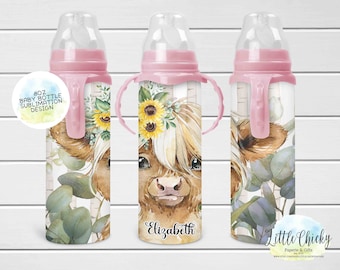 Sunflower Highland Cow 8oz Baby Bottle Sublimation Design, Kids, Baby Sublimation Design, PNG File, Instant Download, Tumbler Template