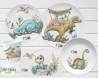 Set di piatti per bambini di dinosauro, piatto personalizzato per bambini di dinosauro, tazza, piatto di melamina, regalo di compleanno, primo compleanno, regalo di battesimo