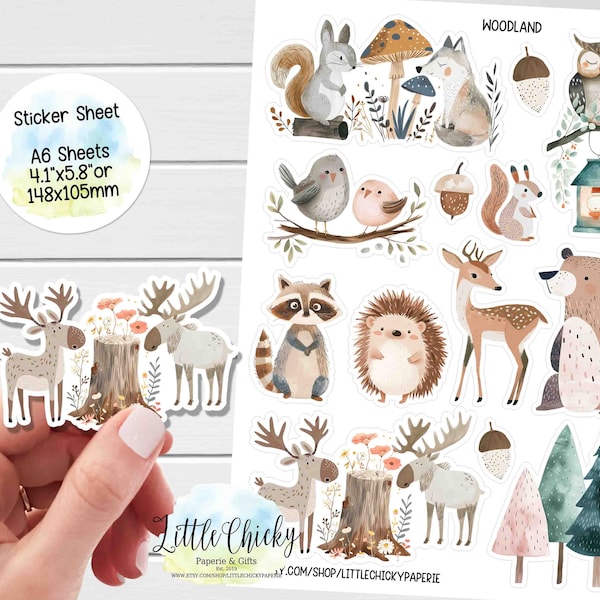 Sticker Sheet - Watercolor Woodland Animal Stickers, Forest Animals, Planner Stickers, Scrapbook Stickers, Journal Stickers, Baby Stickers