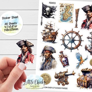 Hoja de pegatinas: pegatinas de piratas, pegatinas de planificador de piratas, pegatinas de álbum de recortes, pegatinas de diario, pegatinas de bebé, pegatinas para niños, barco pirata