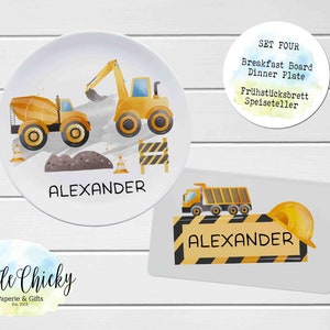 Construction Vehicles Children's Plate set, Personalized Plate, Cup, Melamine Plate, Baptism Gift, Birthday Gift, First Birthday, Baby Gift Set FOUR