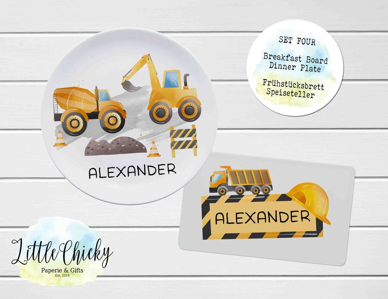 Construction Vehicles Children's Plate set, Personalized Plate, Cup, Melamine Plate, Baptism Gift, Birthday Gift, First Birthday, Baby Gift Set FOUR