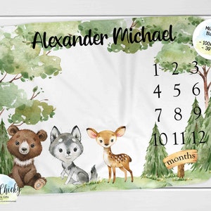 Woodland Animals Milestone Blanket, Monthly Photo Blanket, Personalized Milestone Blanket, Forest Animals Blanket, Baby Shower Gift