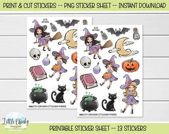 Printable Stickers - Cute Witches Halloween Stickers, Print & Cut Stickers, Digital Download, Journal Stickers, Scrapbook Stickers