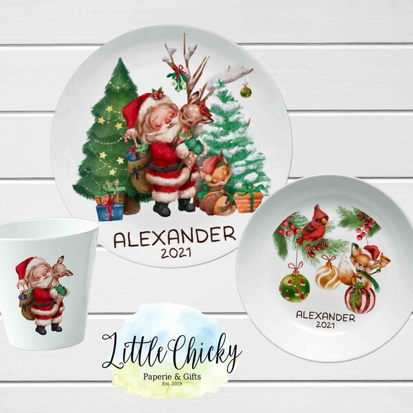 Woodland Christmas Children's Plate set, Santa Personalized Plate, Cup, Melamine Plate, Birthday Gift, First Birthday, Baby Shower Gift