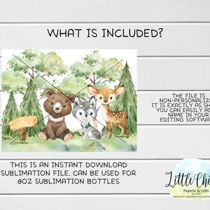 May include: Digital download sublimation design featuring a watercolor illustration of a bear, wolf, and deer in a forest setting. The design is perfect for 8oz sublimation bottles.