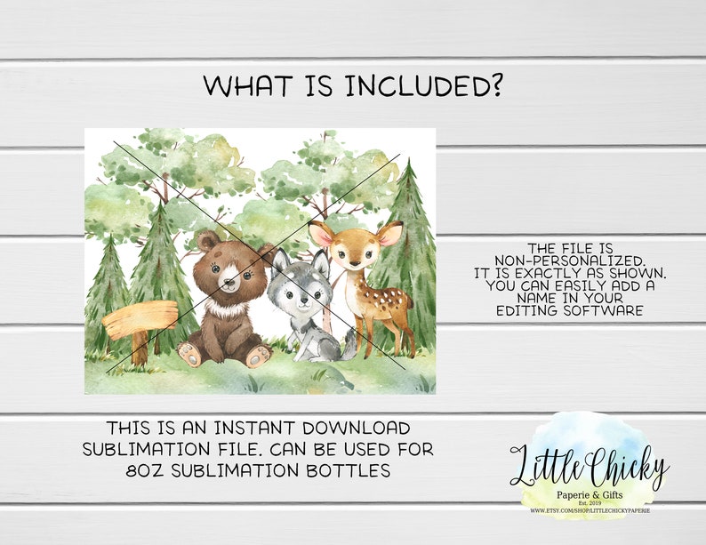 May include: Digital download sublimation design featuring a watercolor illustration of a bear, wolf, and deer in a forest setting. The design is perfect for 8oz sublimation bottles.