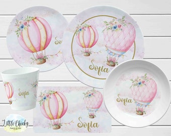 Pink Floral Hot Air Balloon Children's Plate set, Plate, Cup, Melamine Plate, Birthday Gift, First Birthday, Baby Shower Gift, girl gift