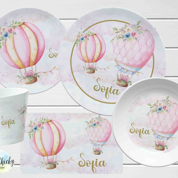Pink Floral Hot Air Balloon Children's Plate set, Plate, Cup, Melamine Plate, Birthday Gift, First Birthday, Baby Shower Gift, girl gift