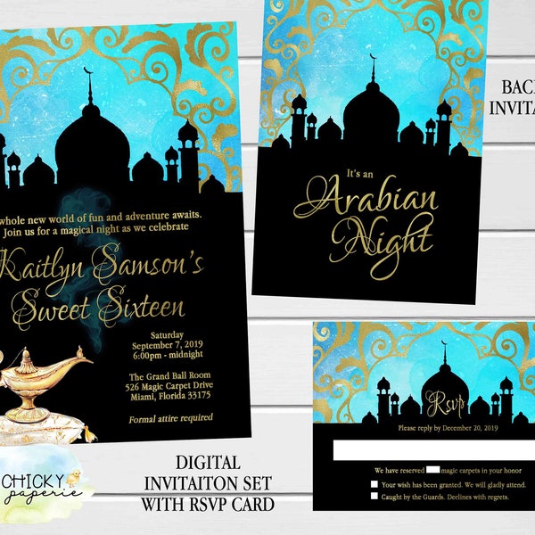 Arabian Nights Birthday Invitation Set with RSVP Card perfect for a sweet sixteen or Quinceanera, printable invitation set