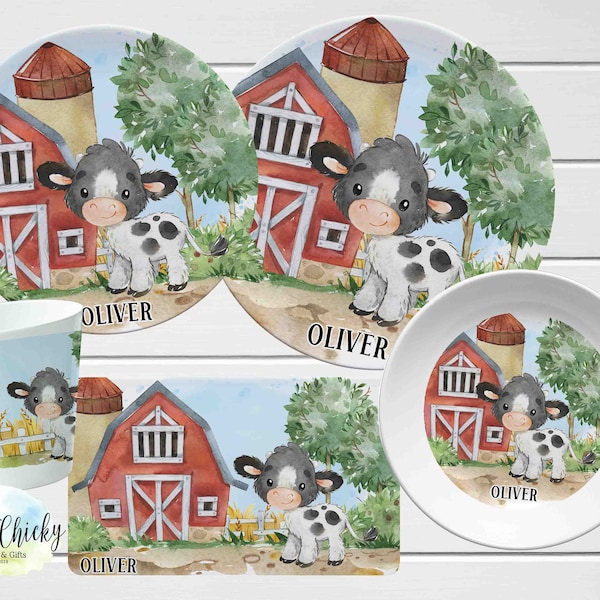 Cow Children's Plate set, Baby Cow Personalized Plate, Cup, Melamine Plate, Birthday Gift, First Birthday, Baby Gift, Boy Gift, Girl Gift