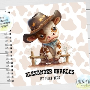 Baby Cow in a Cowboy Hat Baby Keepsake Journal, Personalized Baby Book, Milestone Stickers, First Five Years, Baby Book, Baby Shower Gift