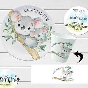 Juego de Platos Infantiles Koala, Plato Personalizado Koala Acuarela, Taza, Plato de Melamina, Regalo Cumpleaños, Primer Cumpleaños, Regalo Bebé, Niño, Niña Set ONE