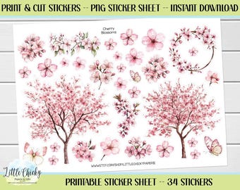 Printable Stickers - Cherry Blossom PNG Stickers, Print and Cut Stickers, Digital Download, Journal Stickers, Scrapbook Stickers