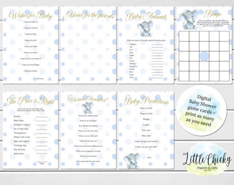 Elephant Baby Shower Games Bundle, Printable Blue and Gold Elephant Baby Shower Games, Digital Baby Shower Games, Boy Baby Shower Games