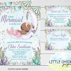 Pacchetto di invito per baby shower sirena afroamericana con carte della lotteria di pannolini e libri per carte per bambini