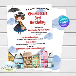Invito di compleanno di Mary Poppins, modello di invito, invito a tema libro di fiabe, invito per il primo compleanno, invito digitale, modello Canva