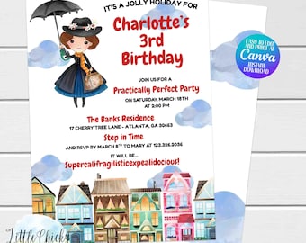 Mary Poppins Birthday Invitation, Invitation Template, Storybook Invitation, 1st Birthday Invitation, Digital Invitation, Canva Template