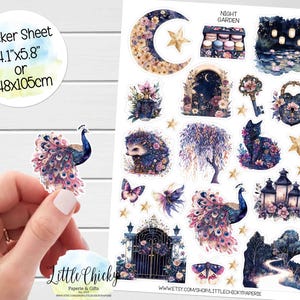 Feuille d'autocollants - Stickers jardin de nuit, Stickers agenda jardin, Stickers scrapbooking, Stickers journaux, Stickers jardin magique