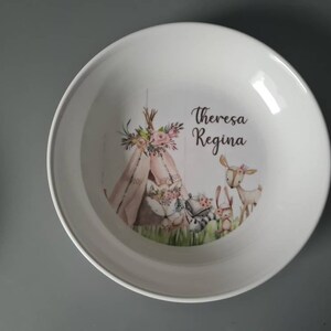 Ensemble d'assiettes pour enfants animaux des bois, assiette personnalisée animaux de la forêt rose, tasse, assiette en mélamine, cadeau d'anniversaire, premier anniversaire, cadeau de bébé image 8