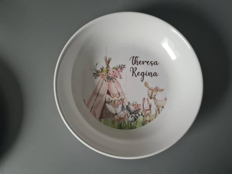 Ensemble d'assiettes pour enfants animaux des bois, assiette personnalisée animaux de la forêt rose, tasse, assiette en mélamine, cadeau d'anniversaire, premier anniversaire, cadeau de bébé image 8