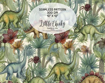 Seamless Pattern - Dinosaur Forest, Repeat Pattern, Sublimation Design, Dinosaur Digital Paper, Surface Pattern, Fabric Pattern