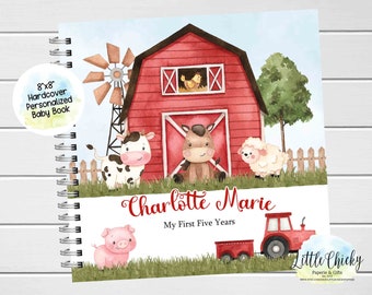 Red Farm Animals Baby Keepsake Journal, Personalized Barnyard Baby Book, Milestone Stickers, First Five Years, Baby Book, Baby Shower Gift