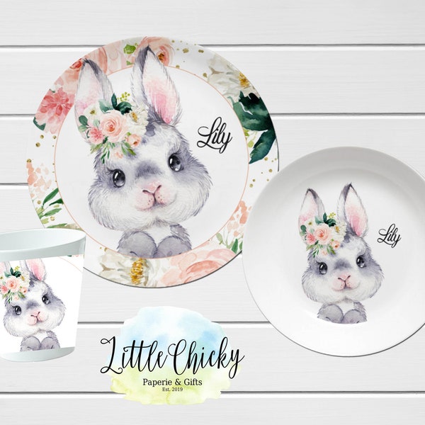 Bunny Children's Plate set, Pink Rabbit Personalized Plate, Cup, Melamine Plate, Birthday Gift, First Birthday, Baby Shower Gift