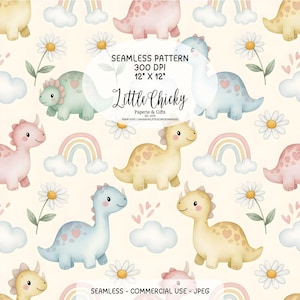 May include: A seamless pattern featuring watercolor illustrations of pastel-colored dinosaurs, rainbows, daisies, and clouds. The design includes pink, blue, and yellow dinosaurs with heart-shaped patterns. The text "Little Chicky" is also visible.