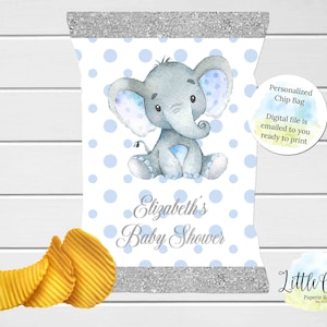 Elephant Chip Bag, Printable Blue and Silver Elephant Baby Shower Chip Bag, Chip Bag Party Favor, Digital Chip Bag, Personalized Chip Bag