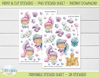 Printable Stickers -Watercolor Mermaid Stickers, PNG Stickers, Print N Cut Stickers, Digital Download, Journal Stickers, Scrapbook Stickers