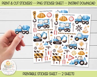 Printable Stickers - Blue Construction Stickers, PNG Sticker, Print N Cut Stickers, Digital Download, Journal Sticker, Scrapbook Sticker