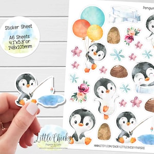 Sticker Sheet - Watercolor Penguin Planner Stickers, Baby Penguin Stickers, Scrapbook Stickers, Journal Stickers, Penguin Stickers
