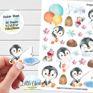 Sticker Sheet - Watercolor Penguin Planner Stickers, Baby Penguin Stickers, Scrapbook Stickers, Journal Stickers, Penguin Stickers