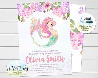 Mermaid Baby Shower invitation, Floral Mermaid baby shower invitation, printed or digital invitation, Pregnant Mermaid Baby Shower Invite