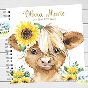 Sunflower Highland Cow Baby Keepsake Journal, Personalized Highland Cow Baby Book, Milestone Stickers, First Five Years, Baby Shower Gift