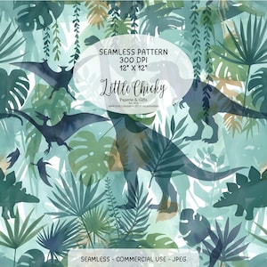 Könnte beinhalten: Nahtloses Aquarellmuster mit Dinosauriern in Türkis, Grün und Braun. Das Design zeigt Silhouetten von Dinosauriern und Pterodaktylen inmitten tropischen Blattwerks. Der Text lautet "SEAMLESS PATTERN 12" X 12"" und "Little Chicky".