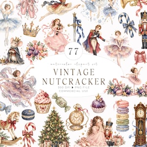 May include: A digital collection of 77 watercolor clipart elements featuring Nutcracker-themed illustrations including ballerinas, a nutcracker soldier, a Christmas tree, macarons, a pocket watch, a grandfather clock, and candy.