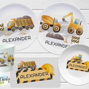 Construction Vehicles Children's Plate set, Personalized Plate, Cup, Melamine Plate, Baptism Gift, Birthday Gift, First Birthday, Baby Gift image 1