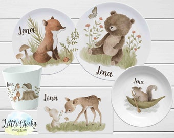 Ensemble d'assiettes pour enfants Woodland Animals, assiette personnalisée Woodland, tasse, assiette en mélamine, cadeau d'anniversaire, premier anniversaire, cadeau de bébé, garçon, fille