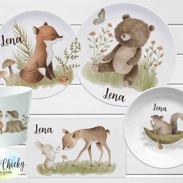 Woodland Animals Children's Plate set, Woodland Personalized Plate, Cup, Melamine Plate, Birthday Gift, First Birthday, Baby Gift, Boy, Girl