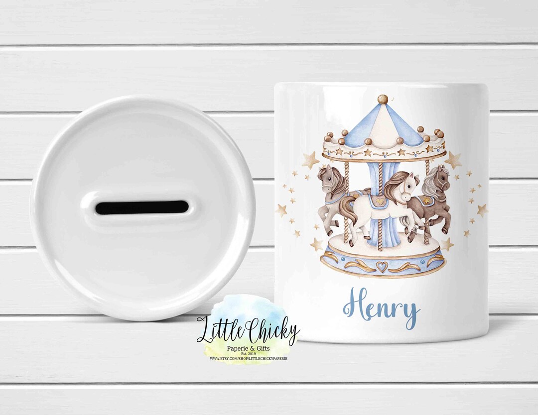 Personalized Money Box With Name Blue Watercolor Carousel Etsy
